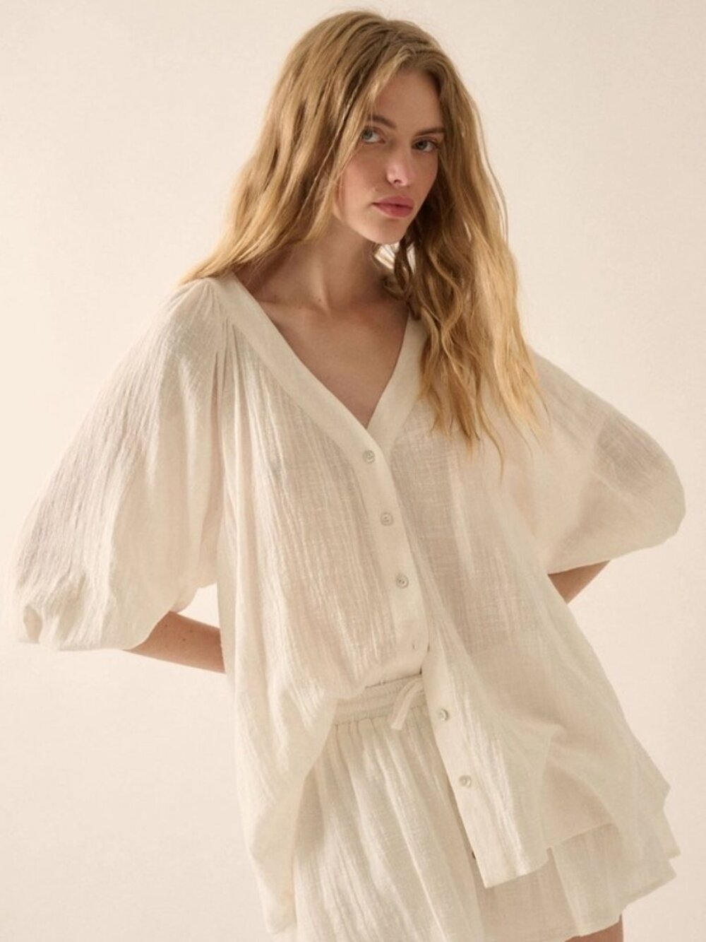 Textured Button-Front Three Quarter-Sleeve Top